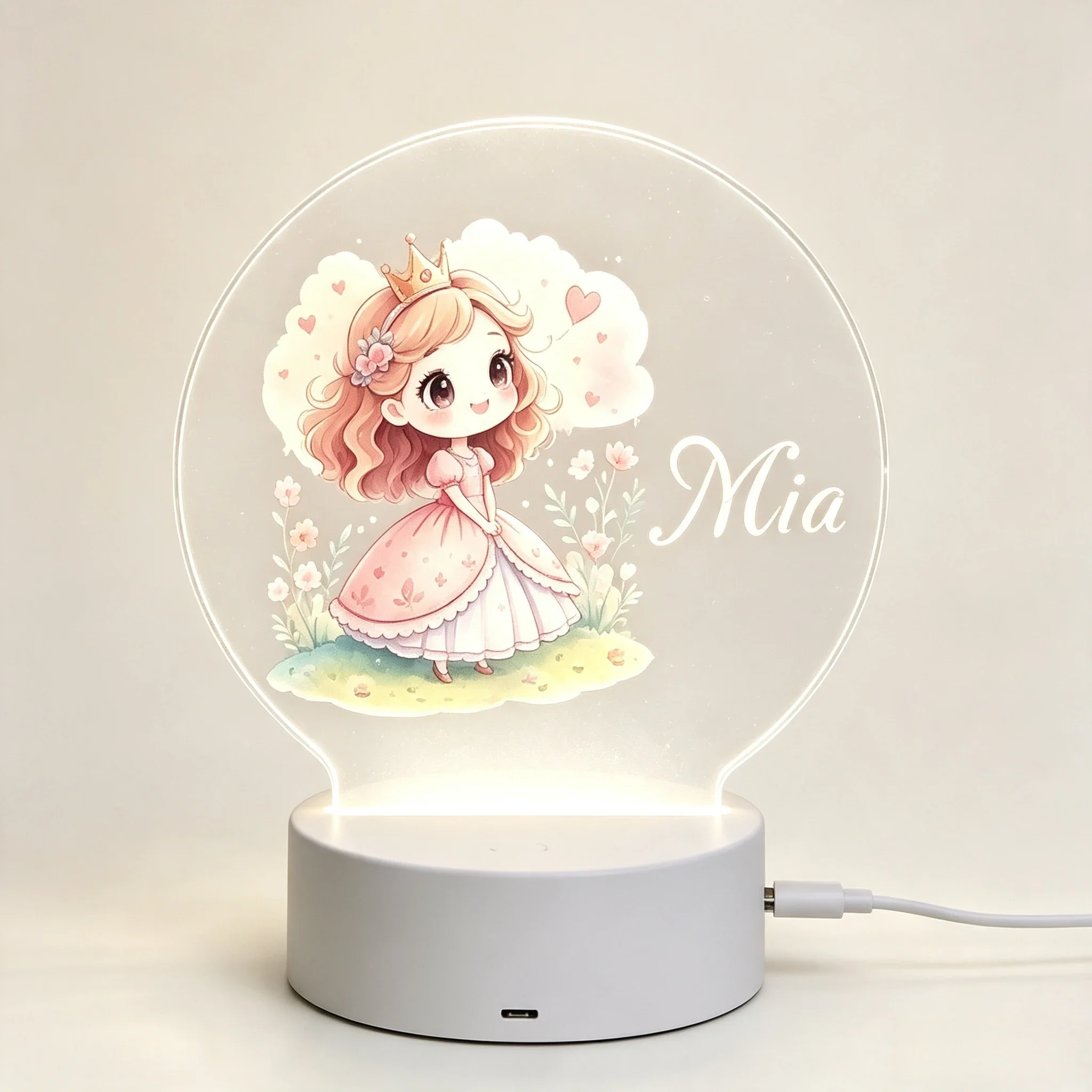 Baby Nursery Lamp - Cute Crown Little Princess Floral Round