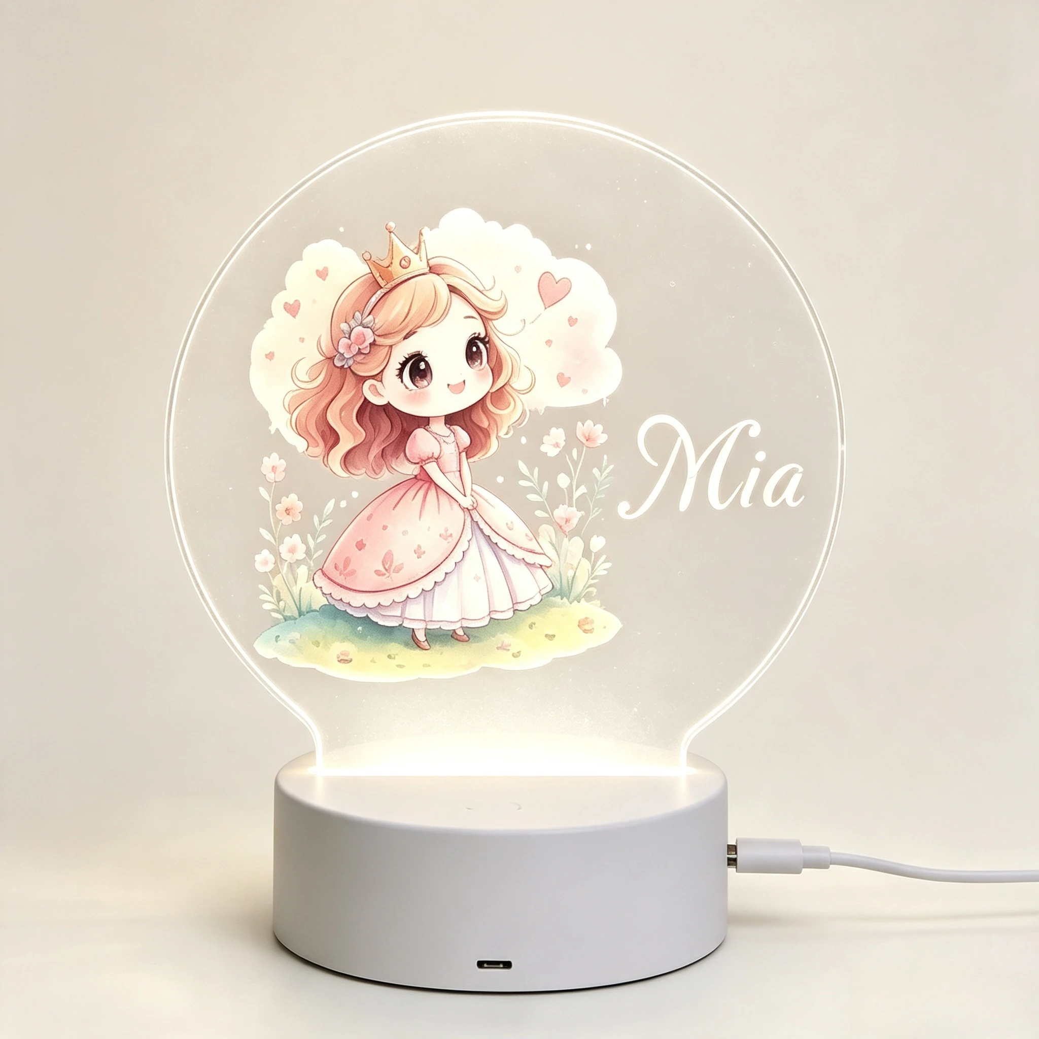 Baby Nursery Lamp - Cute Crown Little Princess Floral Round