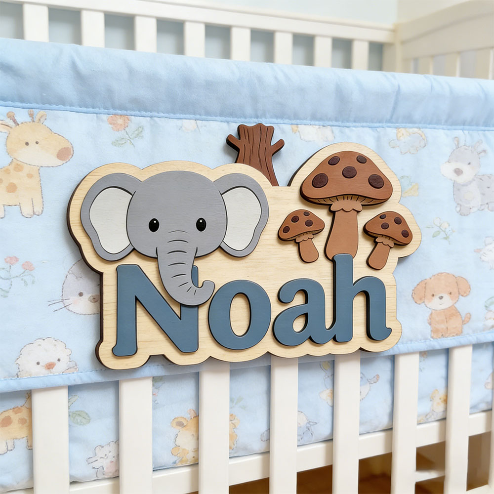 Baby Nursery Themes Girl - Customizable Cartoon Elephant & Mushroom Name