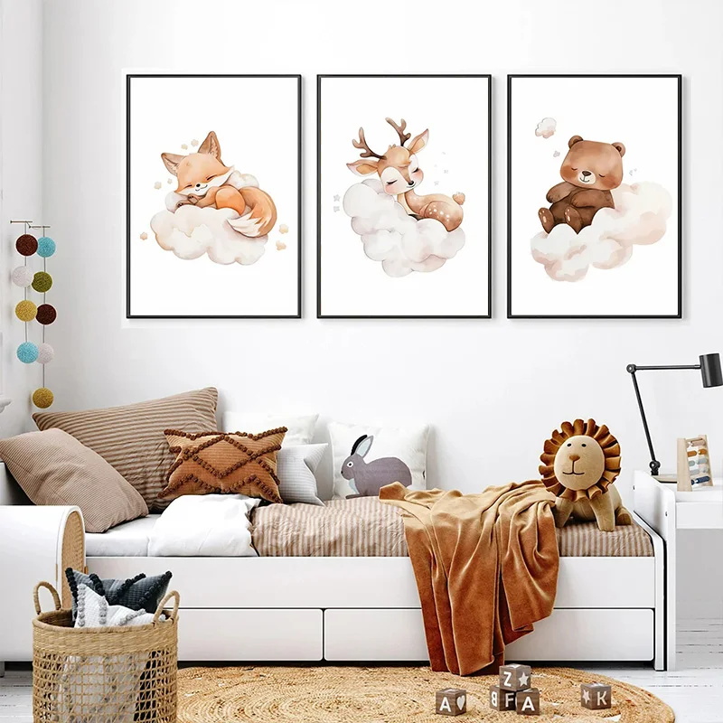 Baby Nursery Animal Pictures - Wall Art Cute Raccoon Fox Deer