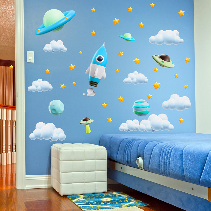 Baby Nursery Vinyl Wall Stickers - Blue Galaxy Space Rocket UFO Wall