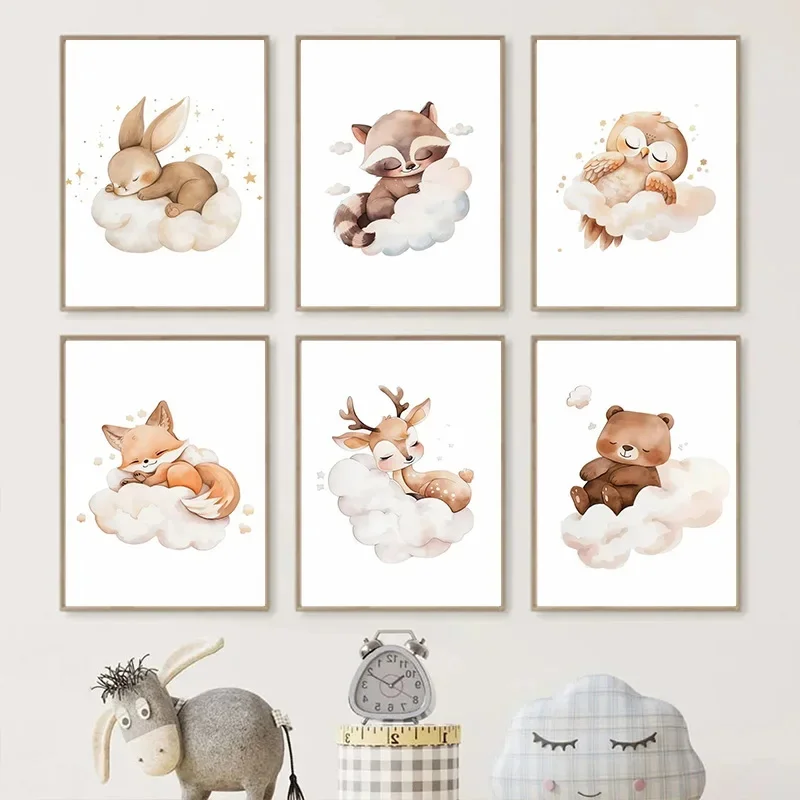 Baby Nursery Animal Pictures - Cartoon Cloud Animal Canvas Painting Wall