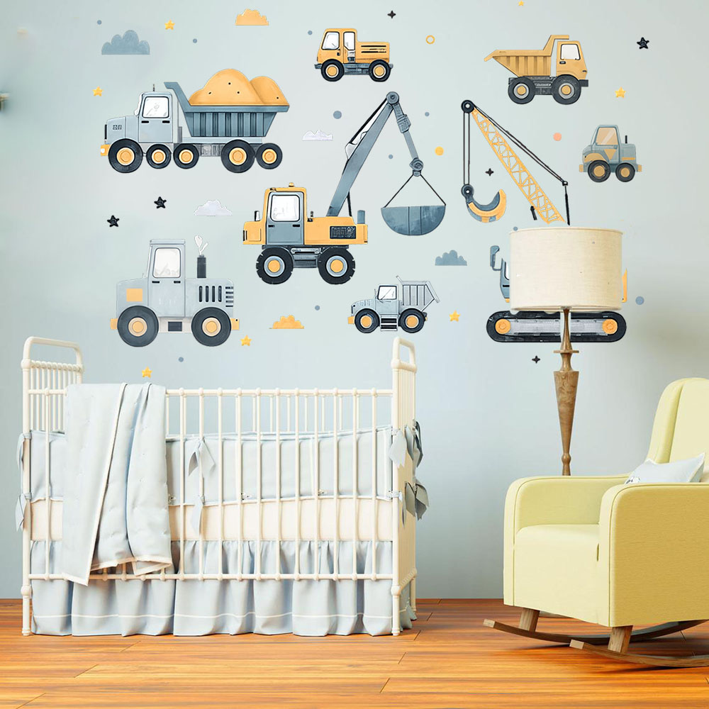 Baby Nursery Wall Mural - Cartoon Excavator Vehicles Set Car Wall