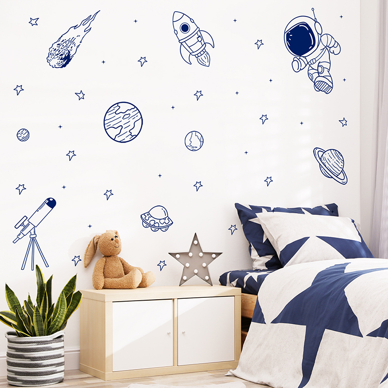 Baby Nursery Wall Mural - Cartoon Universe Astronaut Planet Rocket Wall