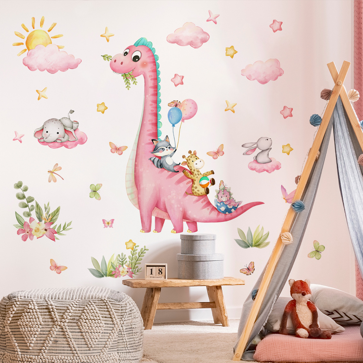 Large Cartoon Pink Dinosaur An - Baby Nursery Vinyl Wall Stickers review and price
