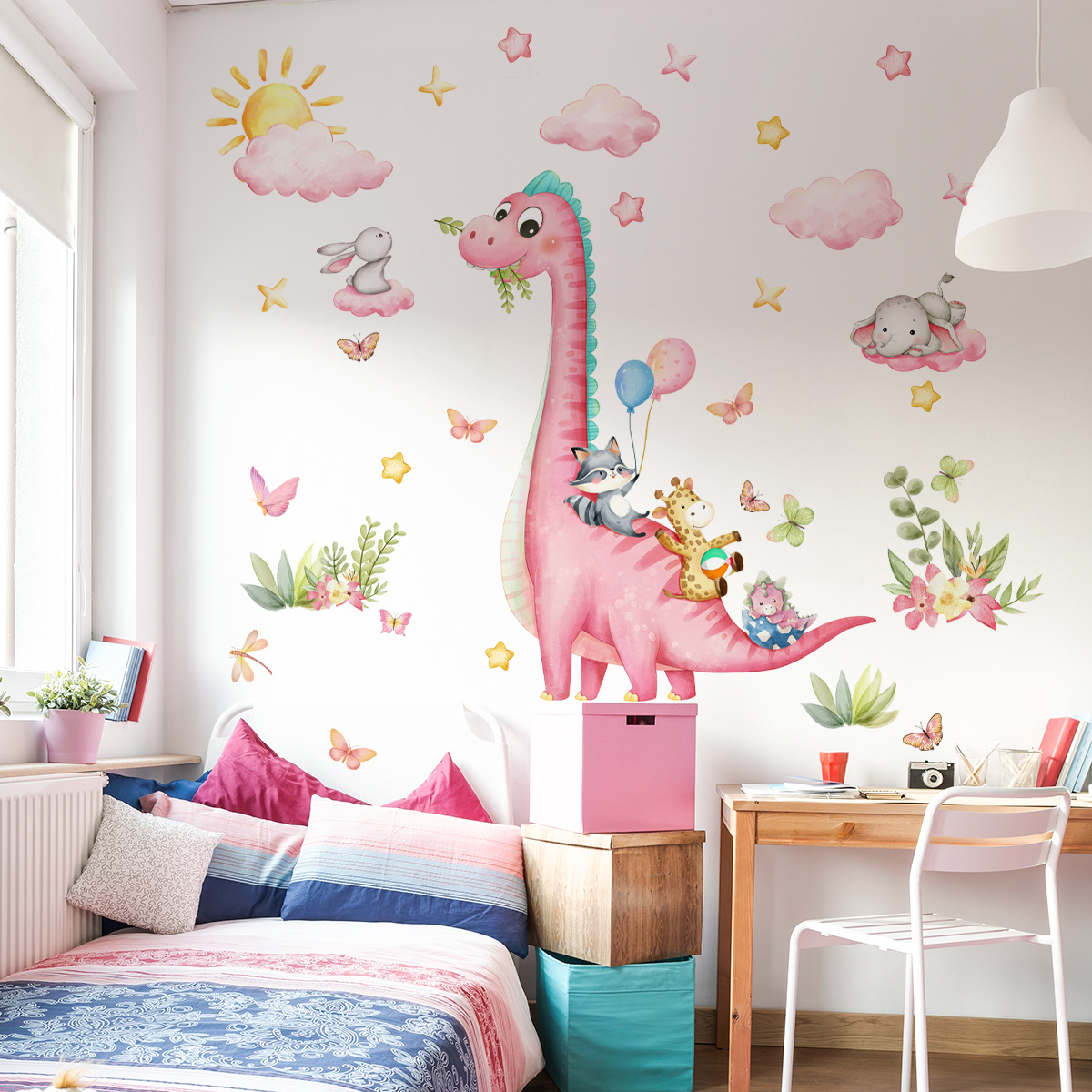 Large Cartoon Pink Dinosaur An - Baby Nursery Vinyl Wall Stickers review and price