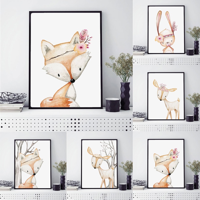 Cartoon Rabbit Poster Fox Deer - Baby Nursery Animal Pictures review and price