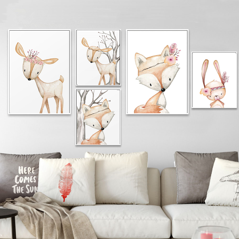 Cartoon Rabbit Poster Fox Deer - Baby Nursery Animal Pictures review and price