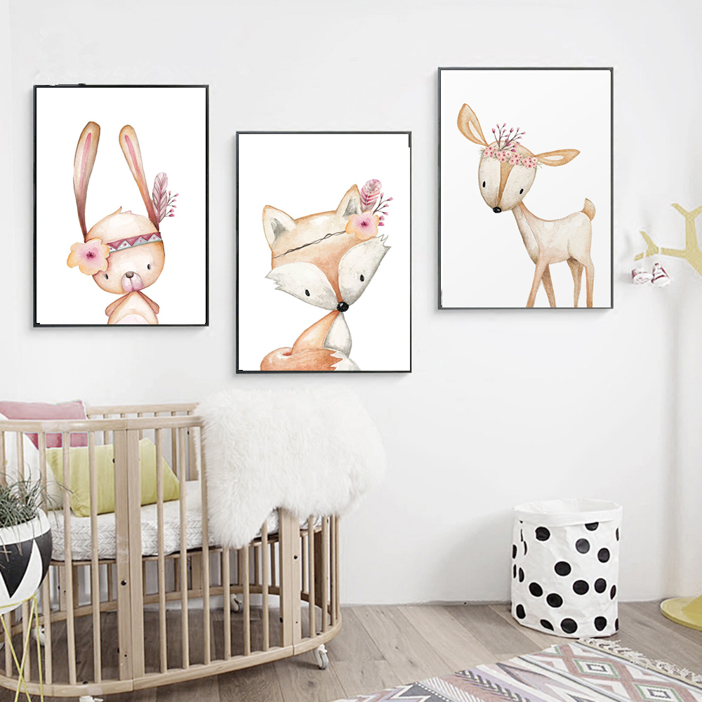Cartoon Rabbit Poster Fox Deer - Baby Nursery Animal Pictures review and price